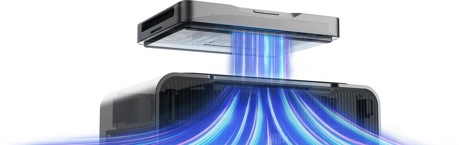 A Khadas Mind connecting down into a body over the Mind Link interface, shown as streams of blue light