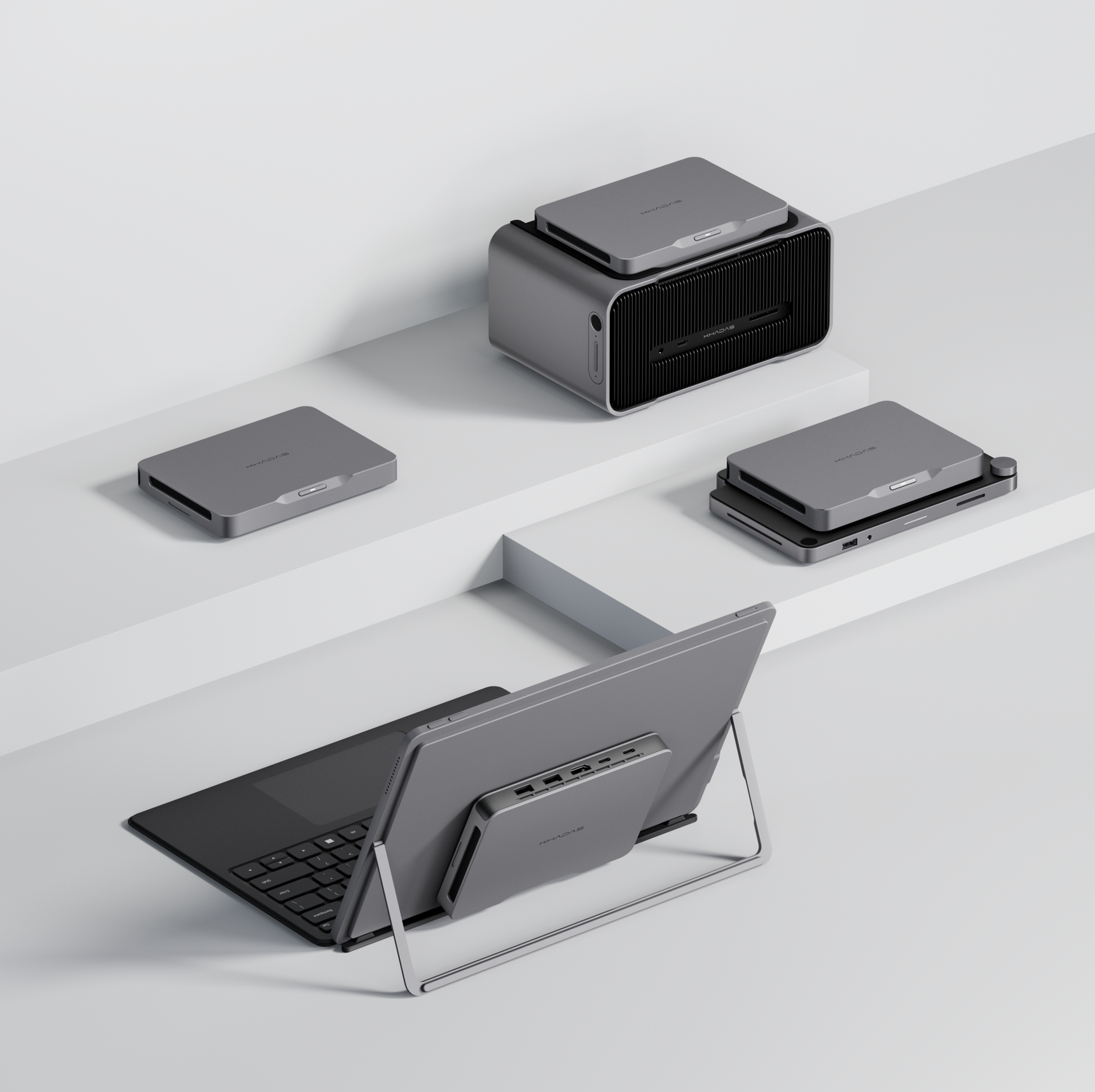 The Khadas Mind family: compute units, dock, graphics module, and portable display
