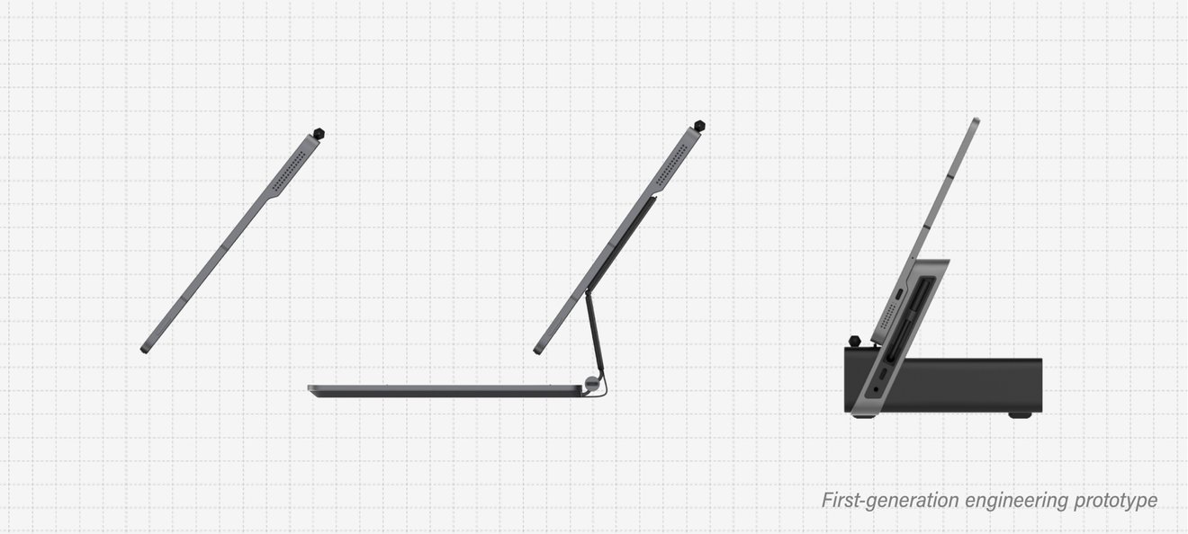 Mind Go first-generation engineering prototype, three side angles on grid paper